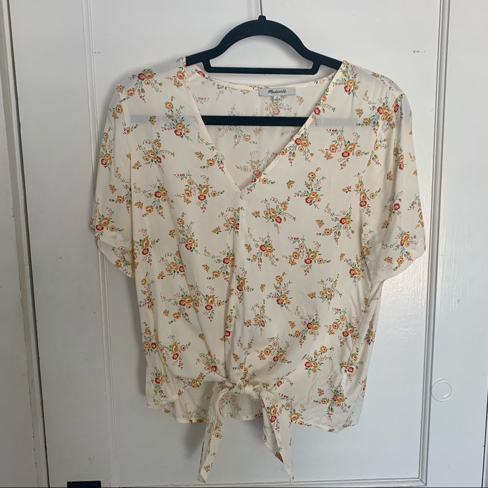 Madewell Cream Floral Blouse V-Neckline Tie Front